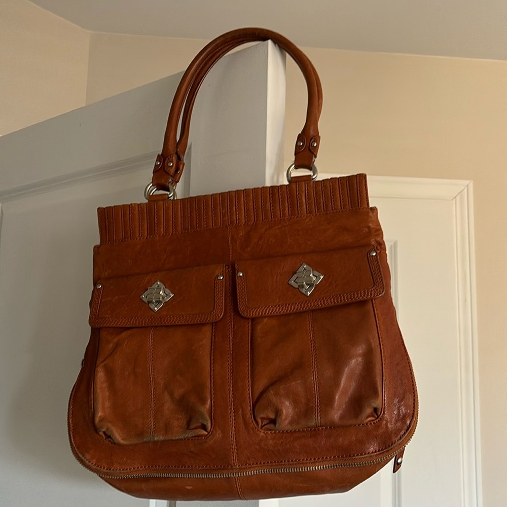 BCBG leather handbag in rich caramel brown